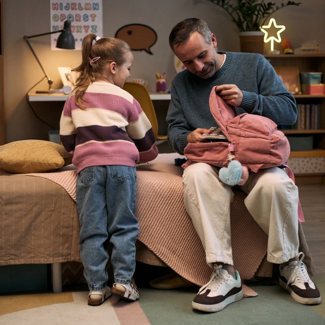 Kind maakt samen met papa boekentas weer in schoolritme 