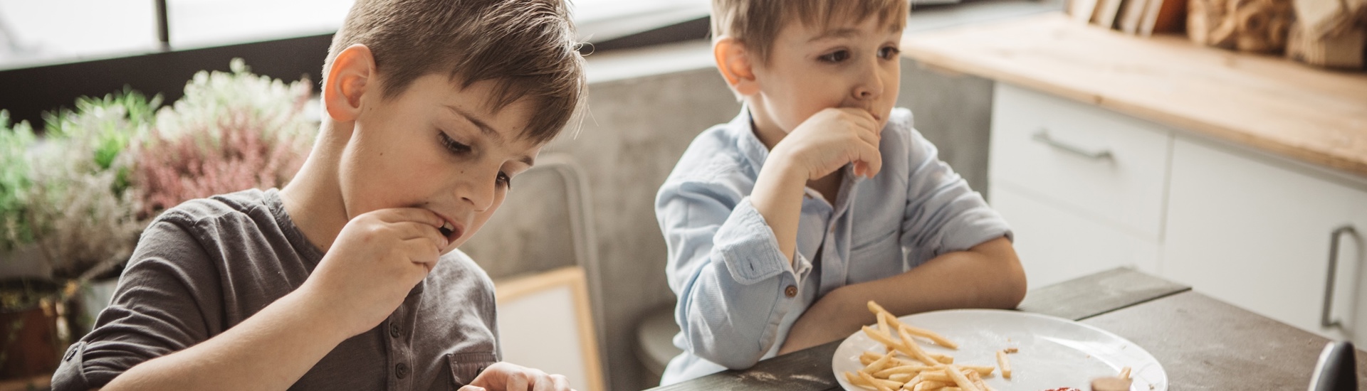 Vakantie Met Kinderen Jongens Aan Tafel Eten Frieten