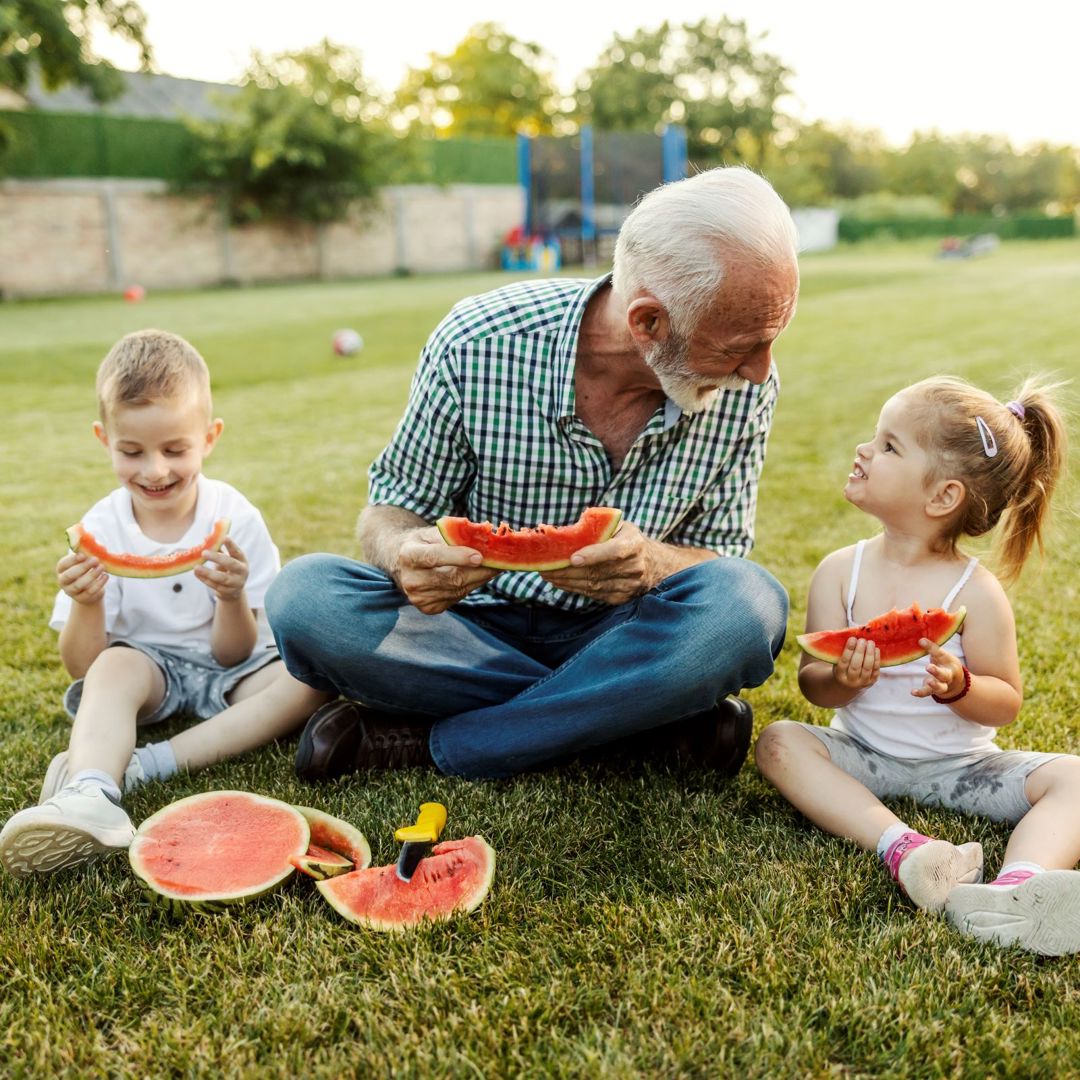 Oppassende Grootouder Goed Voor Brein Hersenen Opa Met Kleinkinderen Gras Watermeloen