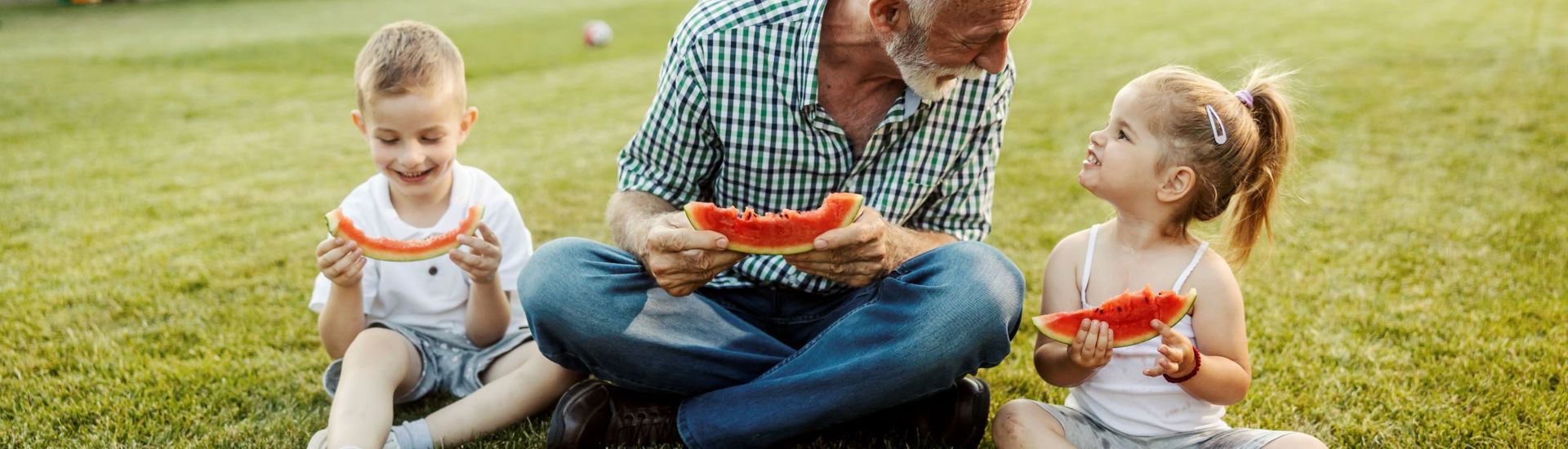 Oppassende Grootouder Goed Voor Brein Hersenen Opa Met Kleinkinderen Gras Watermeloen